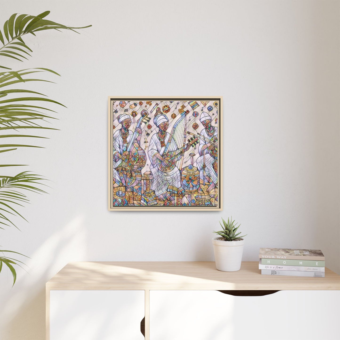 Framed Matte Canvas Print — Colorful African Musicians Stained-Glass Art