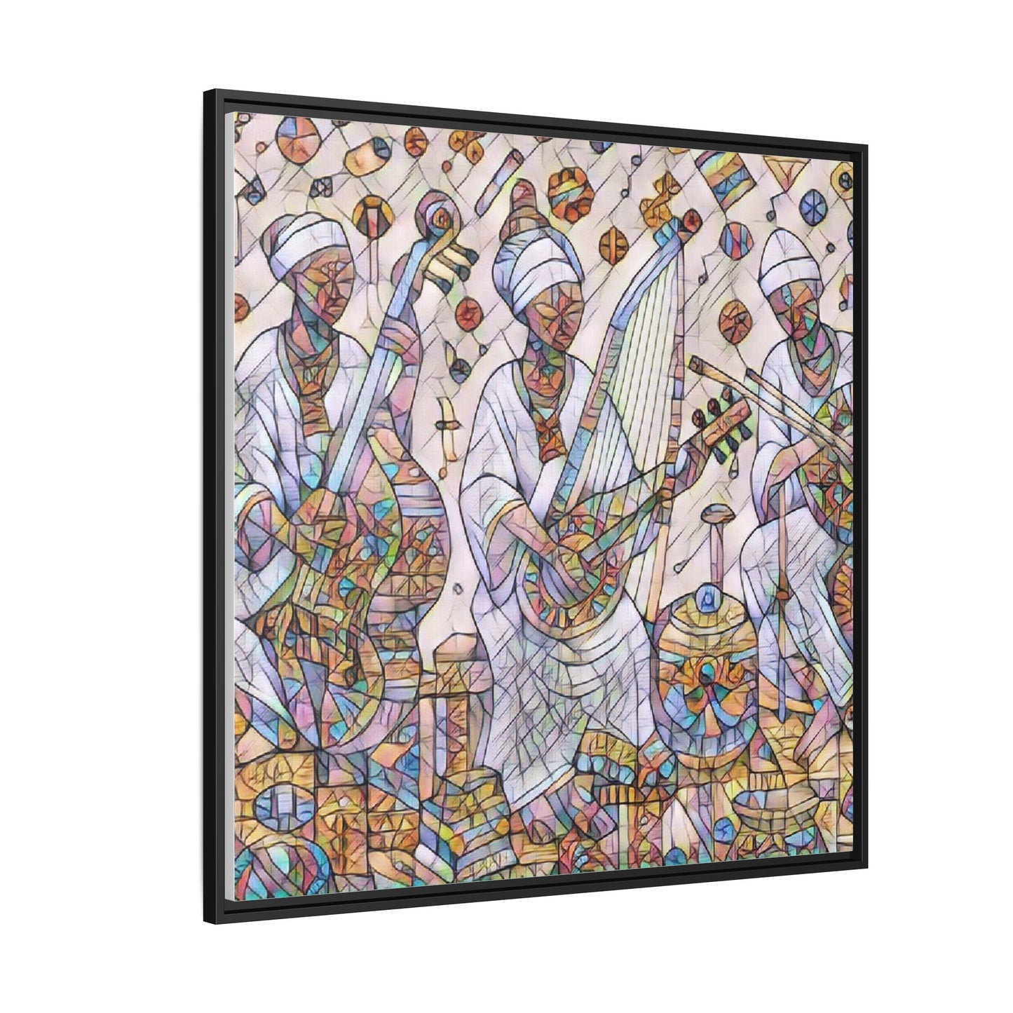 Framed Matte Canvas Print — Colorful African Musicians Stained-Glass Art