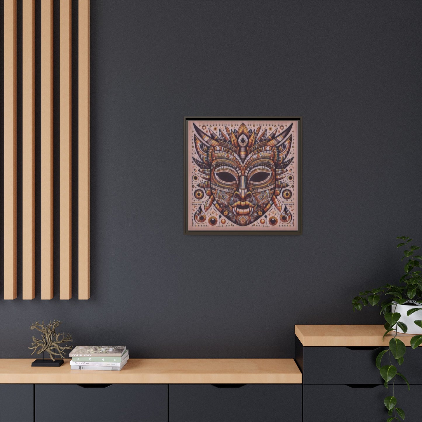 Tribal Mask Framed Canvas Art — Multicolor Matte Wall Decor