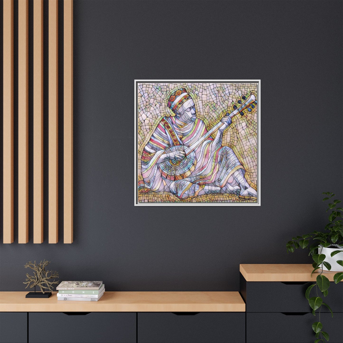 Framed Mosaic Musician Canvas – Colorful Bohemian Wall Art