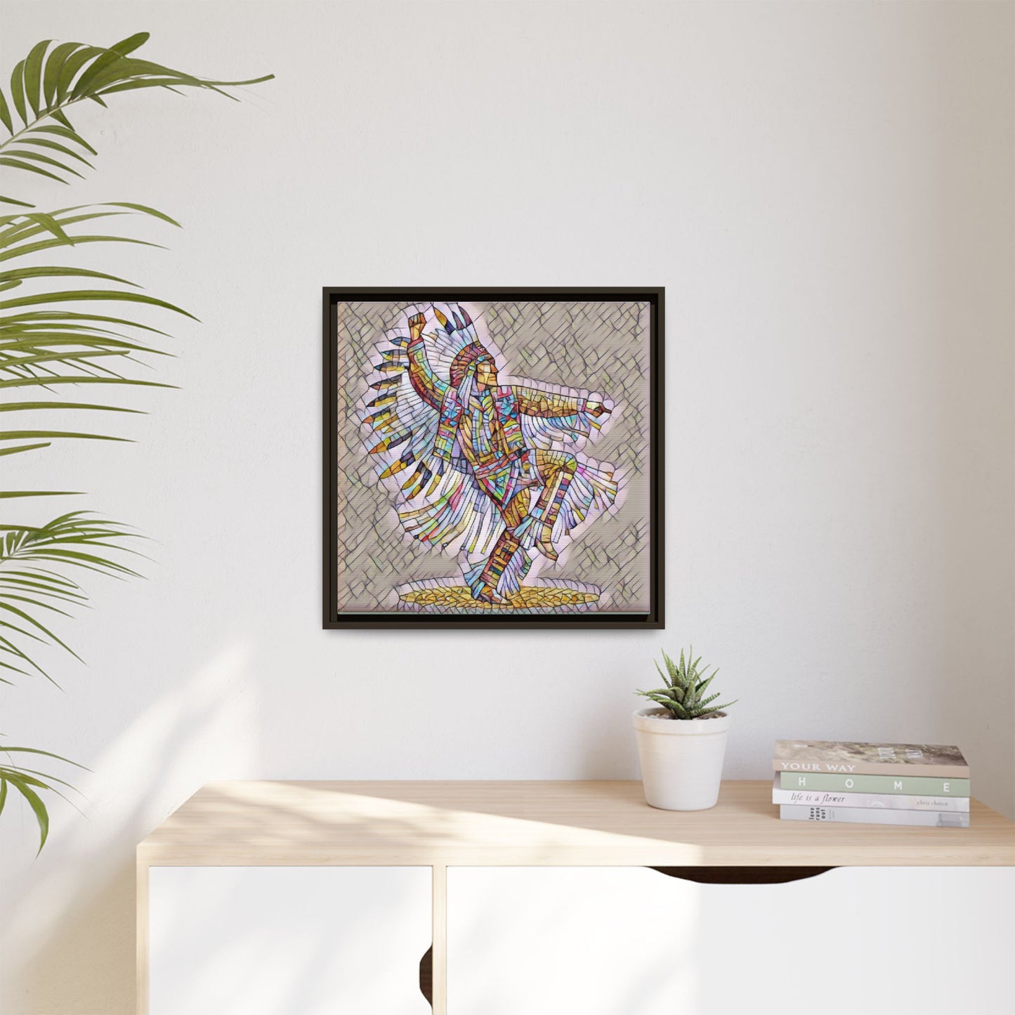 Colorful Native Dancer Framed Canvas Art — Stained Glass Style Wall Decor