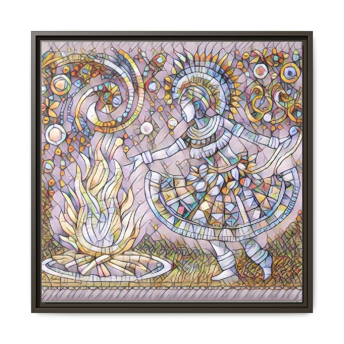 Bohemian Fire Dancer Framed Canvas Art — Colorful Folk Mosaic Wall Decor