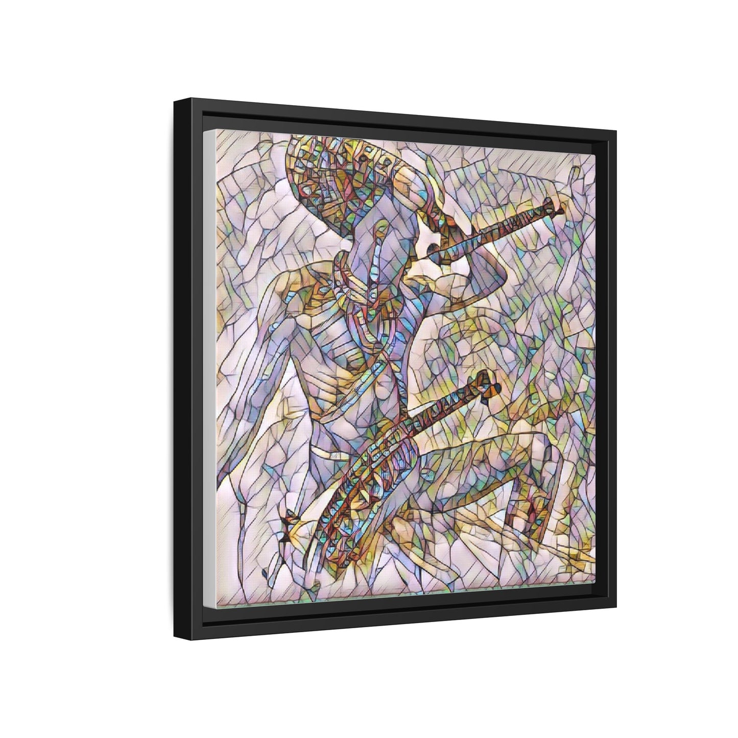 Stained Glass Blue Musician — Framed Matte Canvas Art