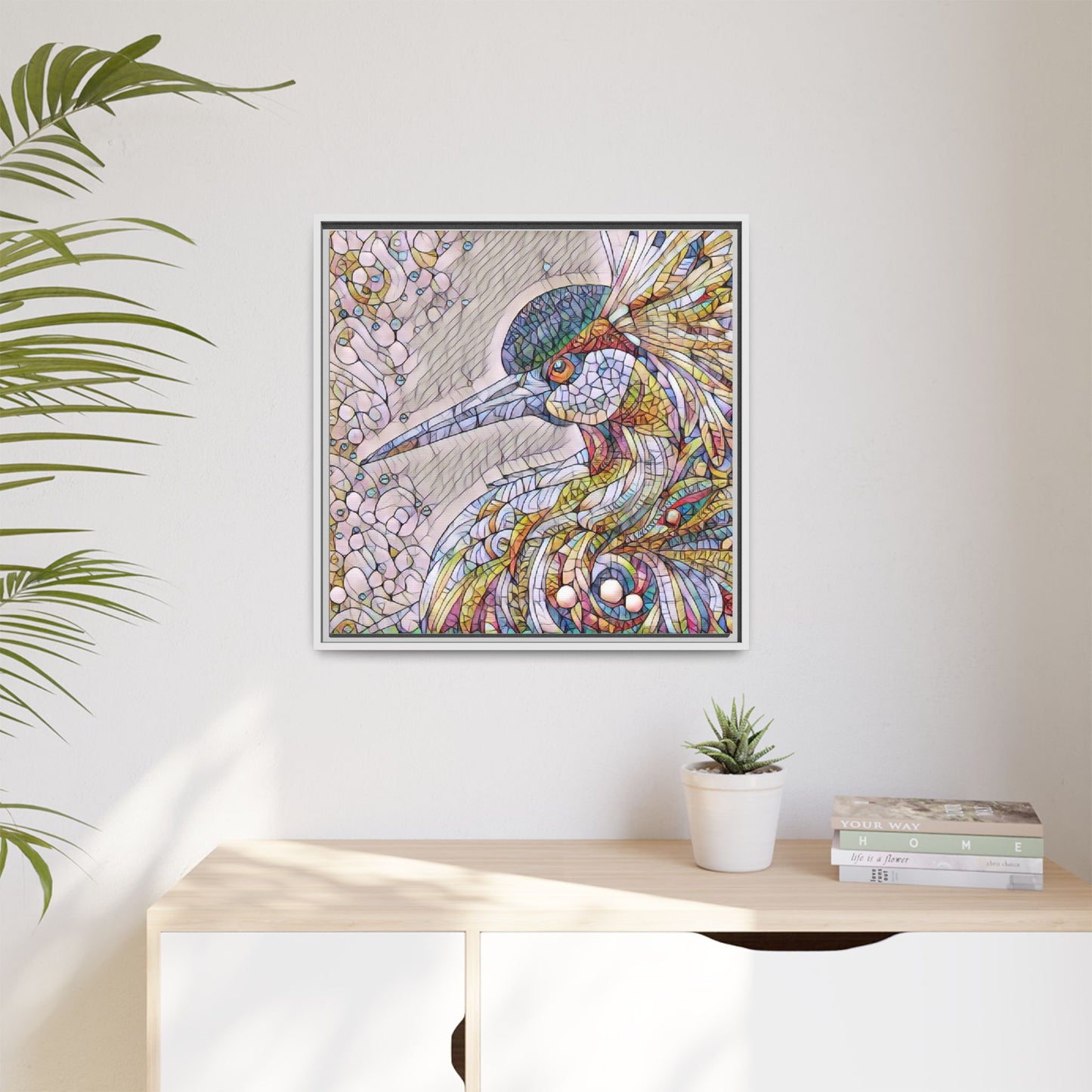 Colorful Stained-Glass Heron Matte Canvas Framed Wall Art