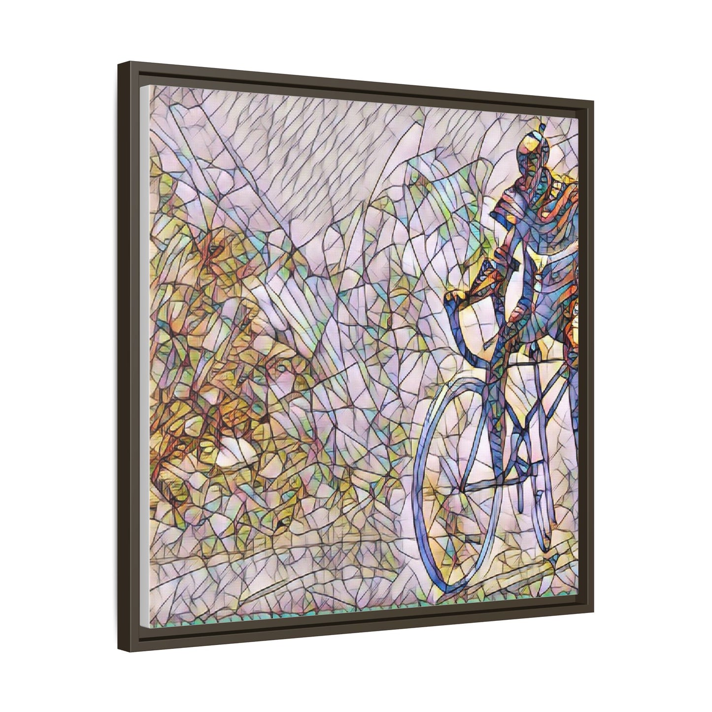 Colorful Cyclist Stained-Glass Art — Framed Matte Canvas
