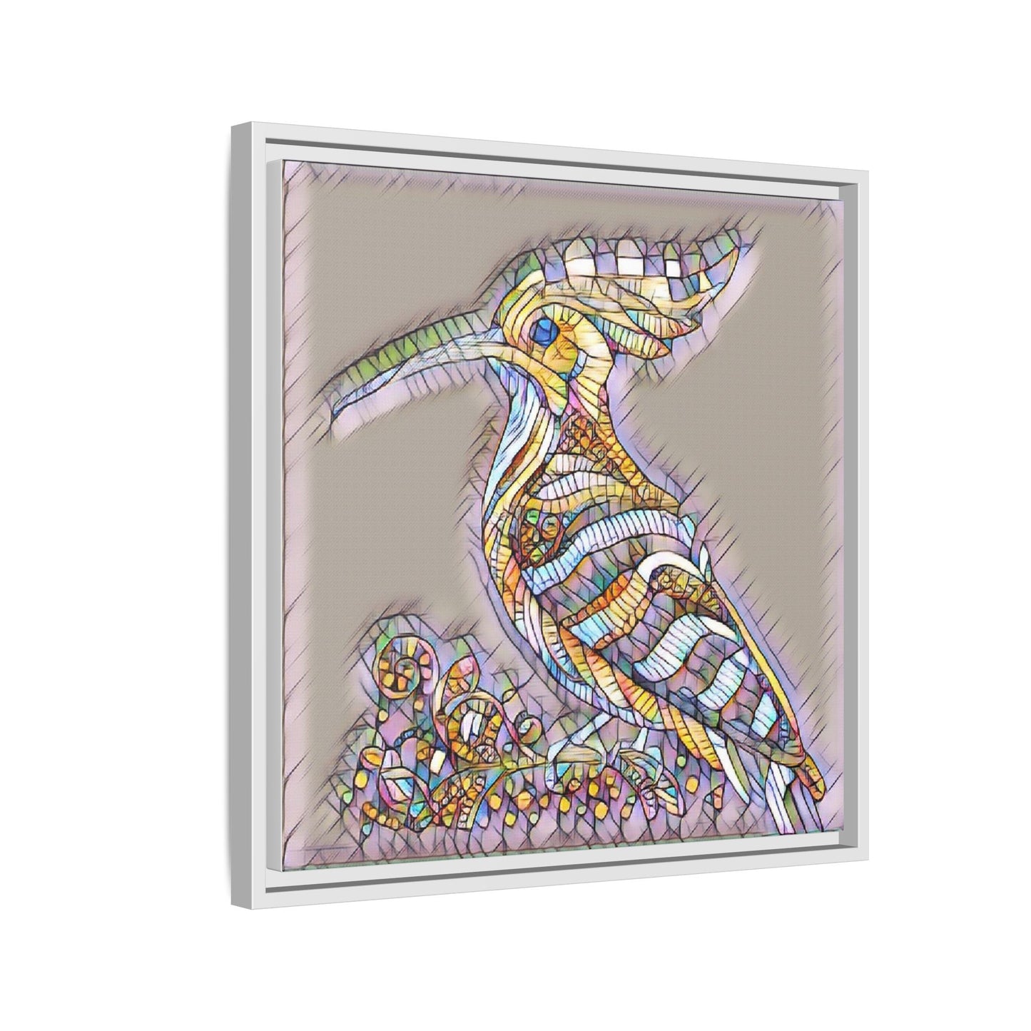 Colorful Mosaic Bird Framed Canvas Art — Whimsical Hoopoe Wall Decor