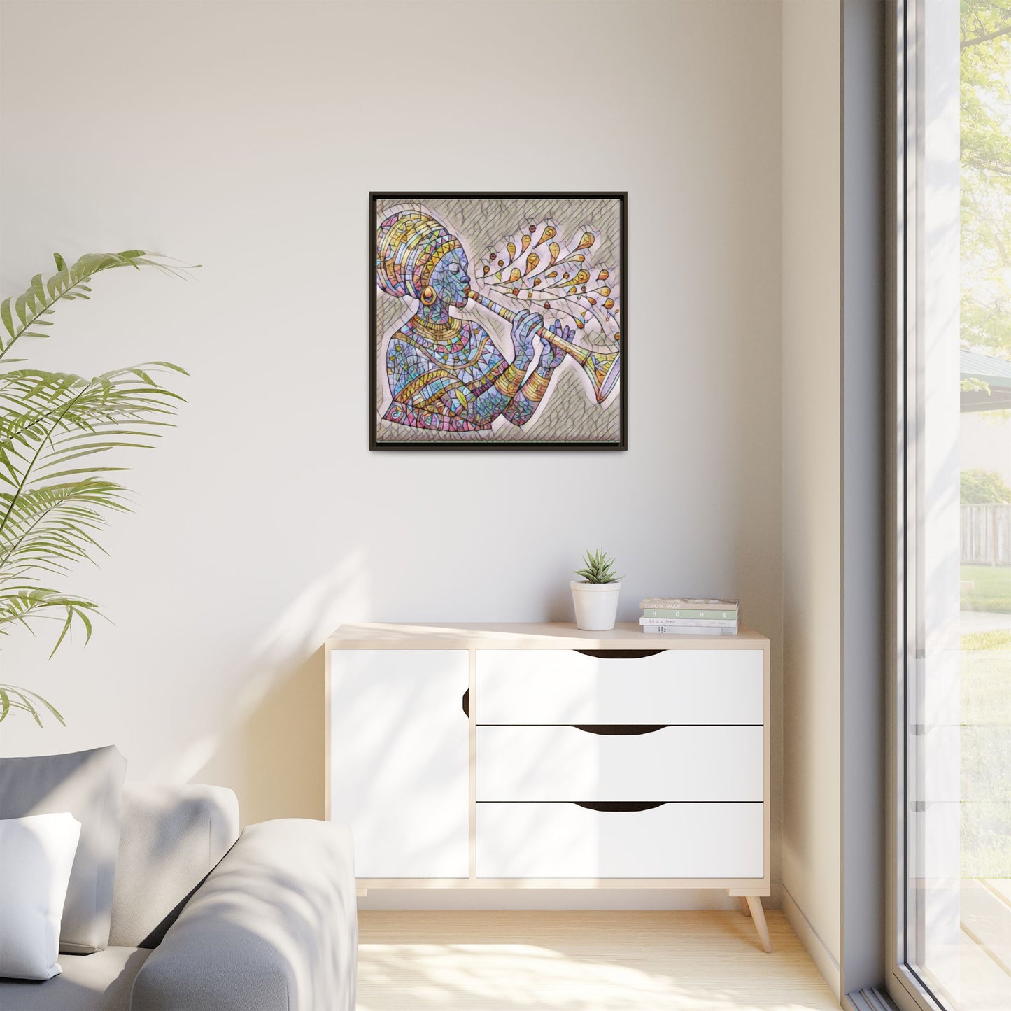Framed Matte Canvas Art – Colorful African Musician Trumpet Print