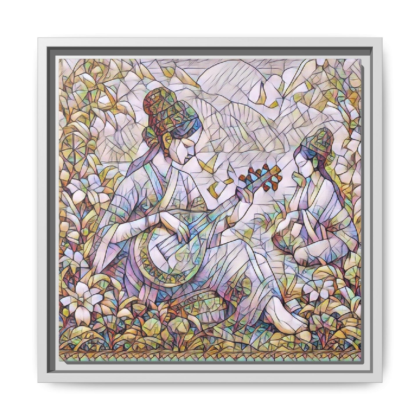 Framed Matte Canvas Art - Vintage Asian Musicians Floral Illustration