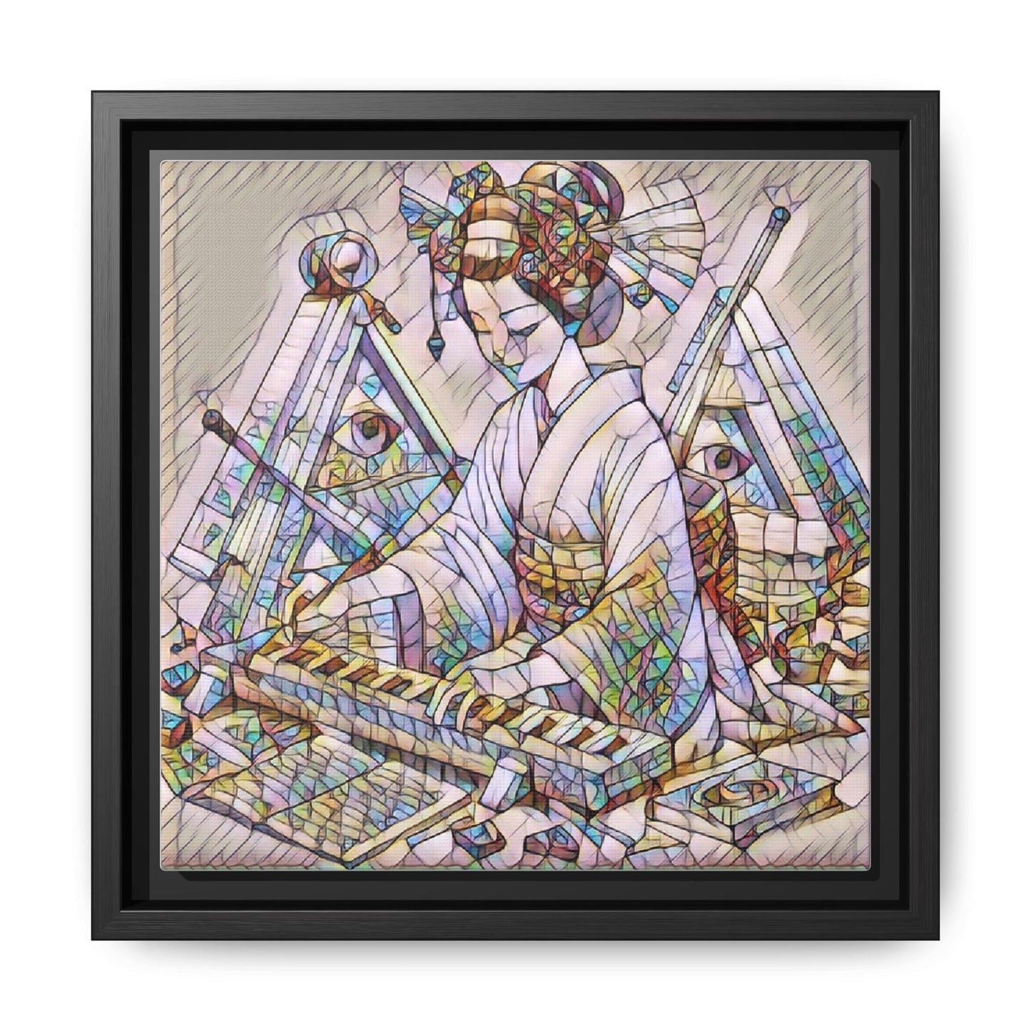 Framed Matte Canvas: Stained-Glass Geisha Wall Art