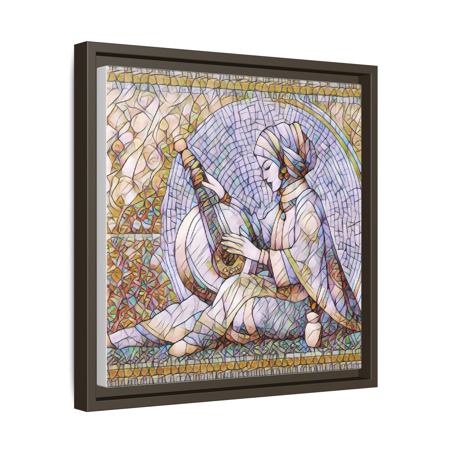Framed Matte Canvas: Mosaic Lute Player Wall Art — Bohemian Musical Portrait