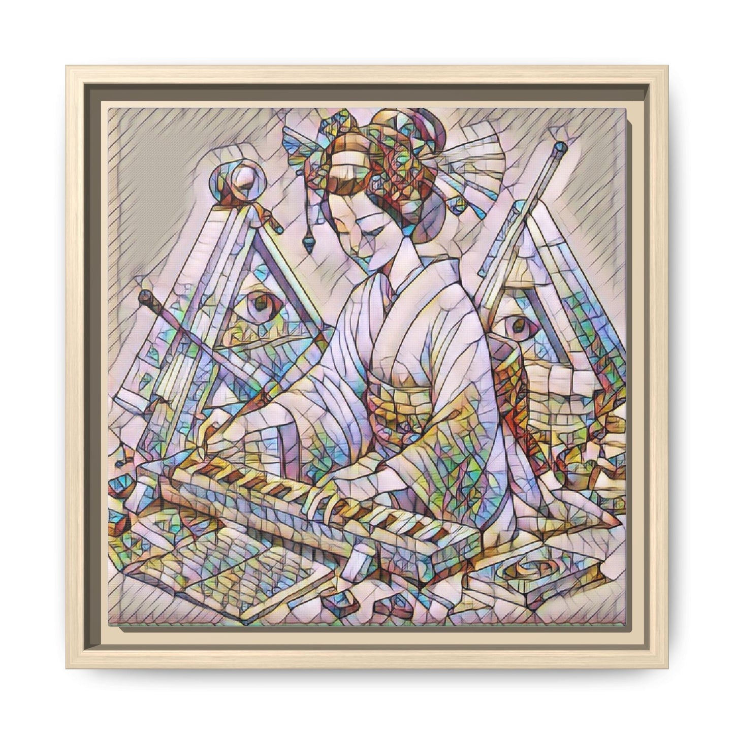 Framed Matte Canvas: Stained-Glass Geisha Wall Art