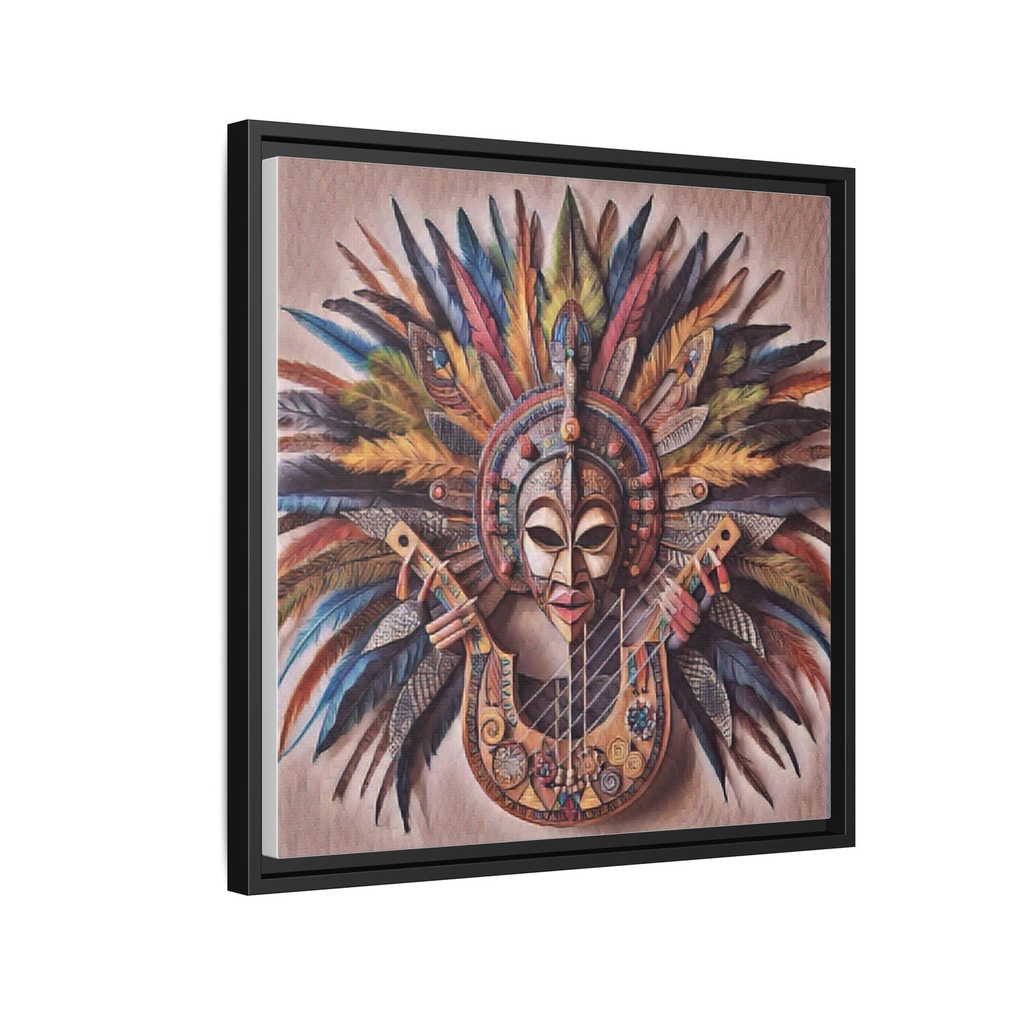 Tribal Feather Mask Guitar Framed Canvas Art — Colorful Boho Wall Decor