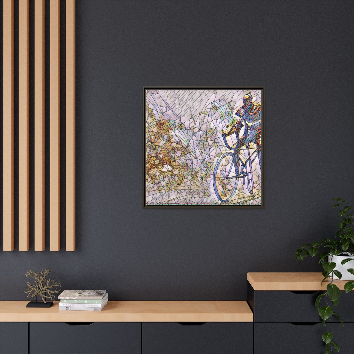 Colorful Cyclist Stained-Glass Art — Framed Matte Canvas