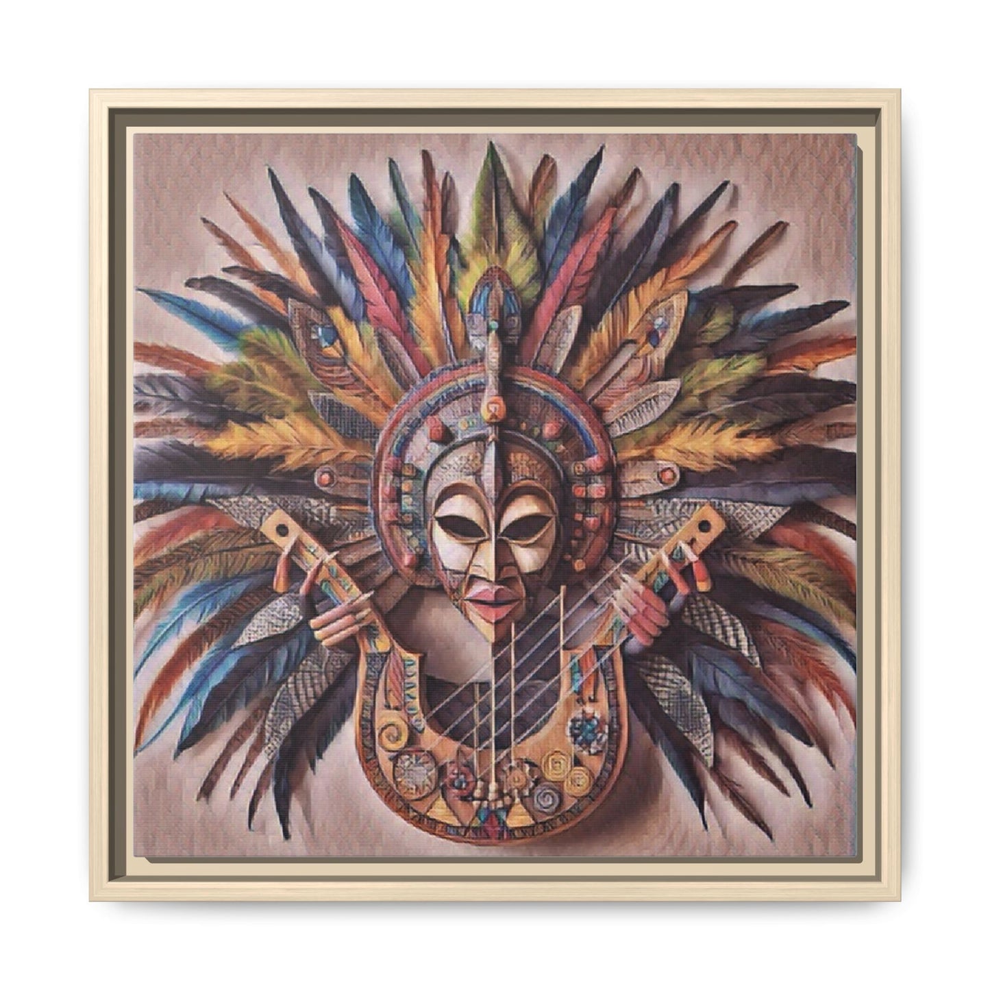 Tribal Feather Mask Guitar Framed Canvas Art — Colorful Boho Wall Decor