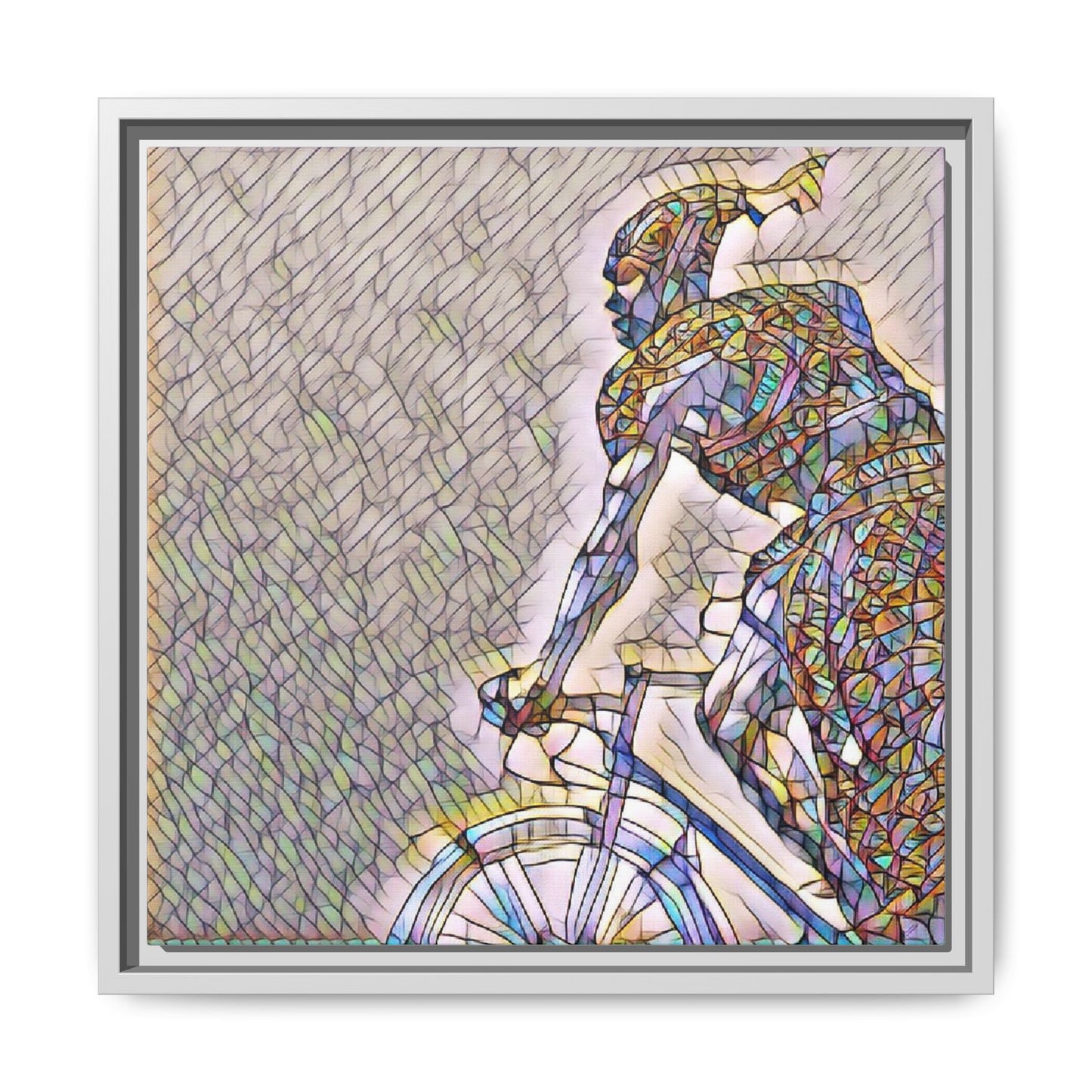 Cyclist Mosaic Matte Canvas Print — Framed Multicolor Bike Art