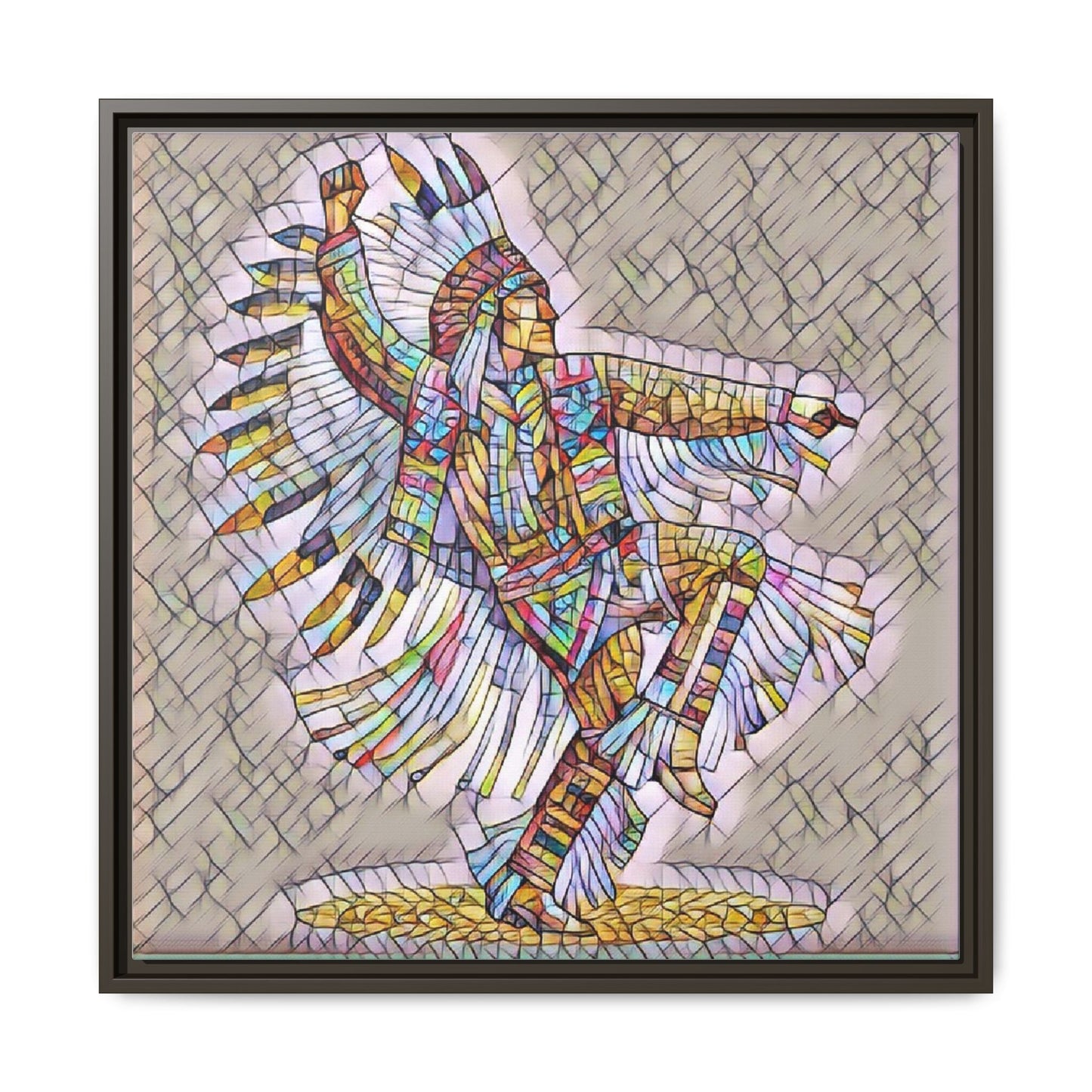 Colorful Native Dancer Framed Canvas Art — Stained Glass Style Wall Decor