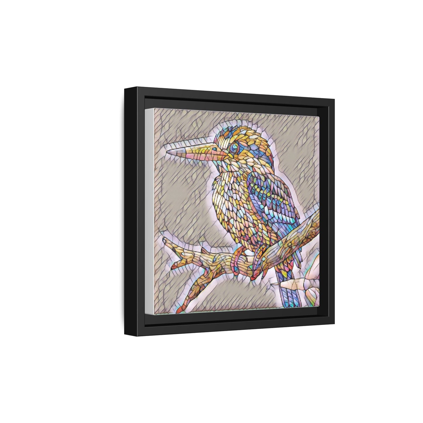 Colorful Kingfisher Framed Canvas Wall Art — Stained-Glass Style Bird Print