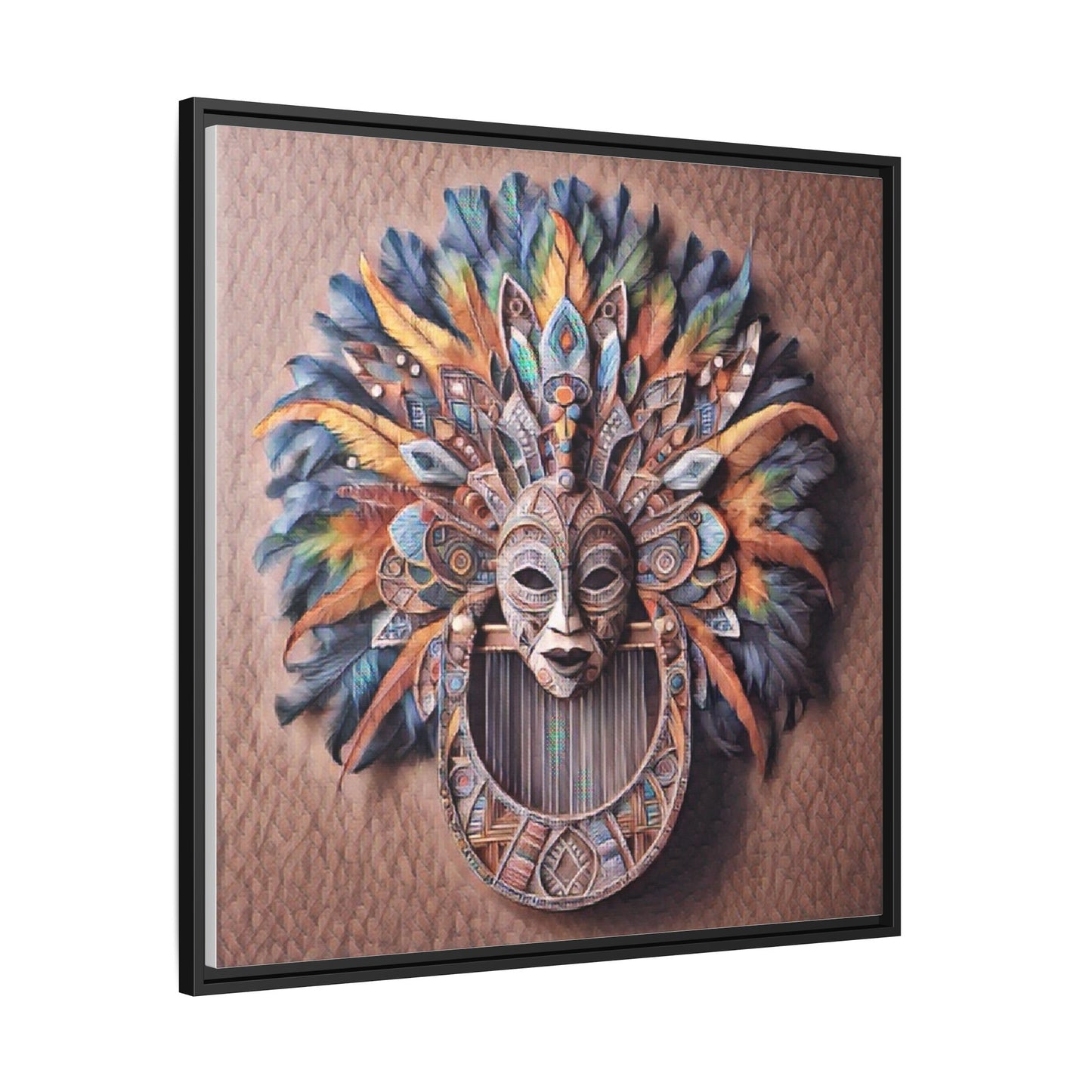 Tribal Feather Mask Framed Canvas Wall Art — Colorful Boho Decorative Print