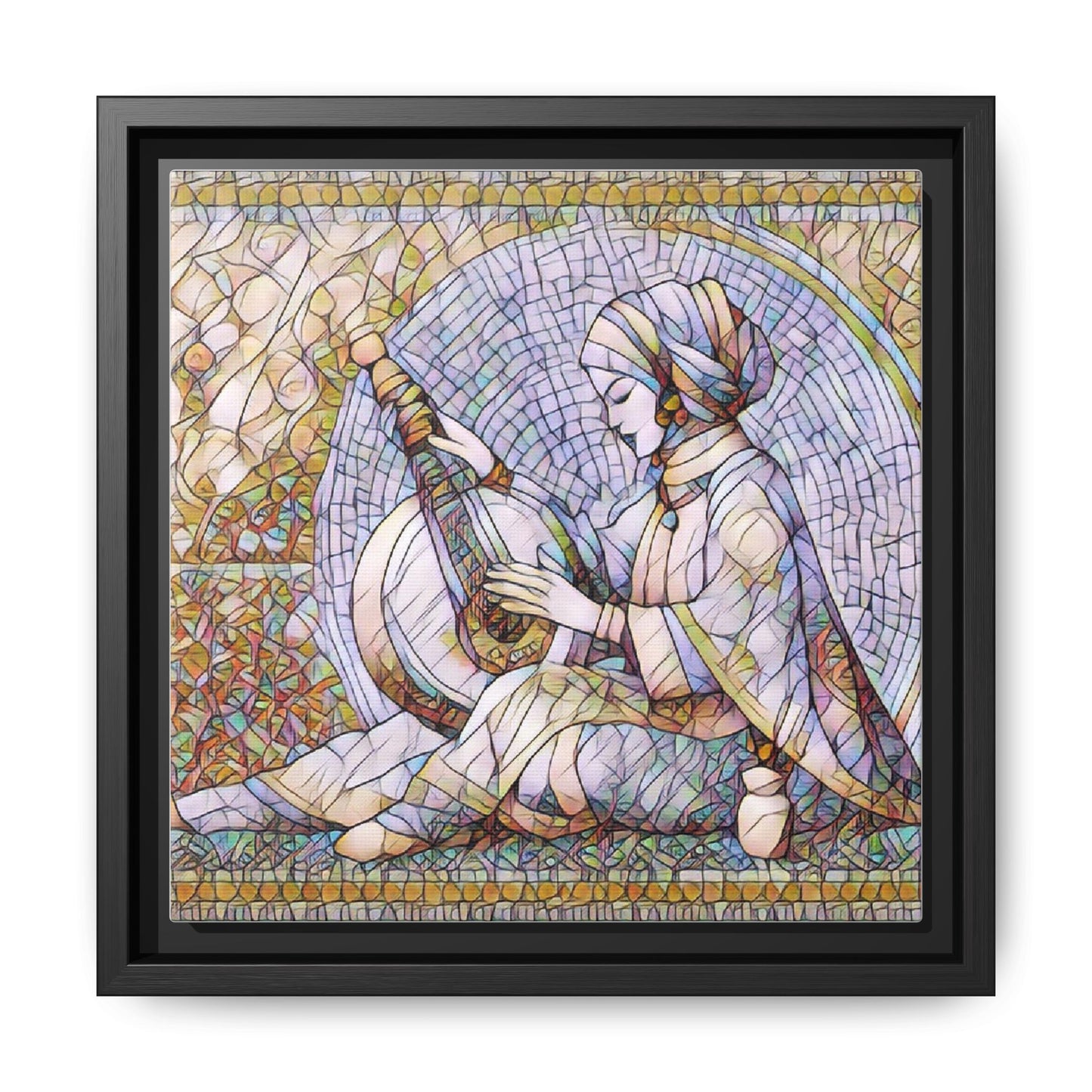 Framed Matte Canvas: Mosaic Lute Player Wall Art — Bohemian Musical Portrait