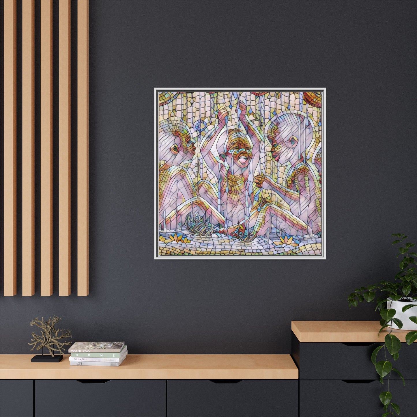 Framed Matte Canvas Art — Mosaic Children Playing (Multicolor)