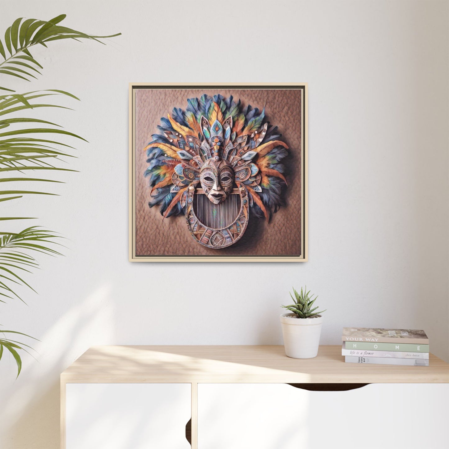 Tribal Feather Mask Framed Canvas Wall Art — Colorful Boho Decorative Print