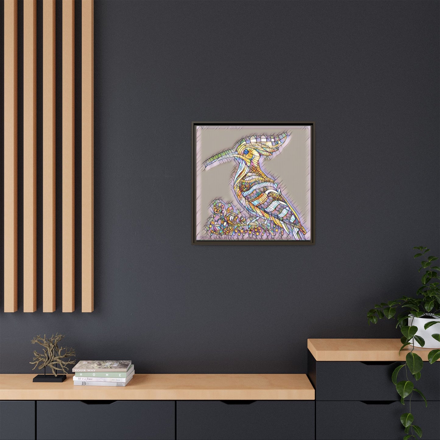 Colorful Mosaic Bird Framed Canvas Art — Whimsical Hoopoe Wall Decor