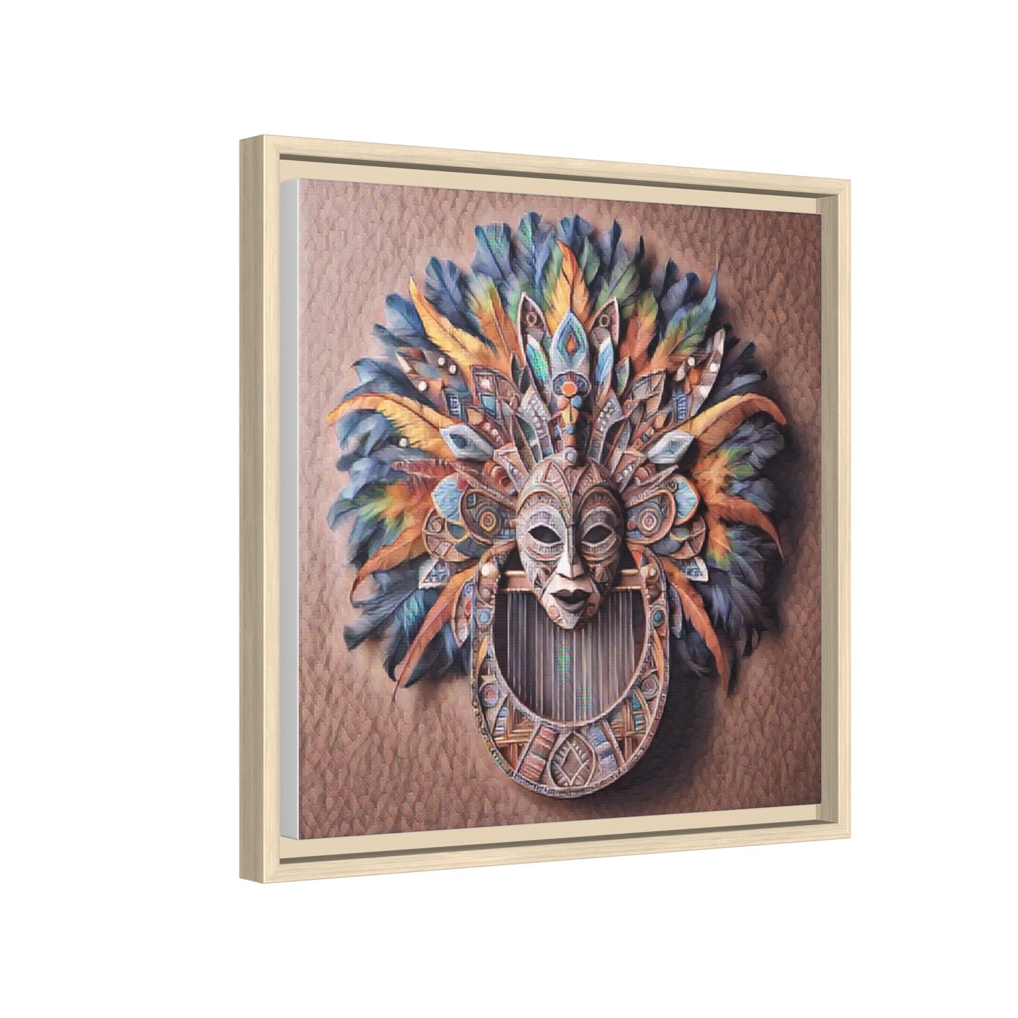 Tribal Feather Mask Framed Canvas Wall Art — Colorful Boho Decorative Print