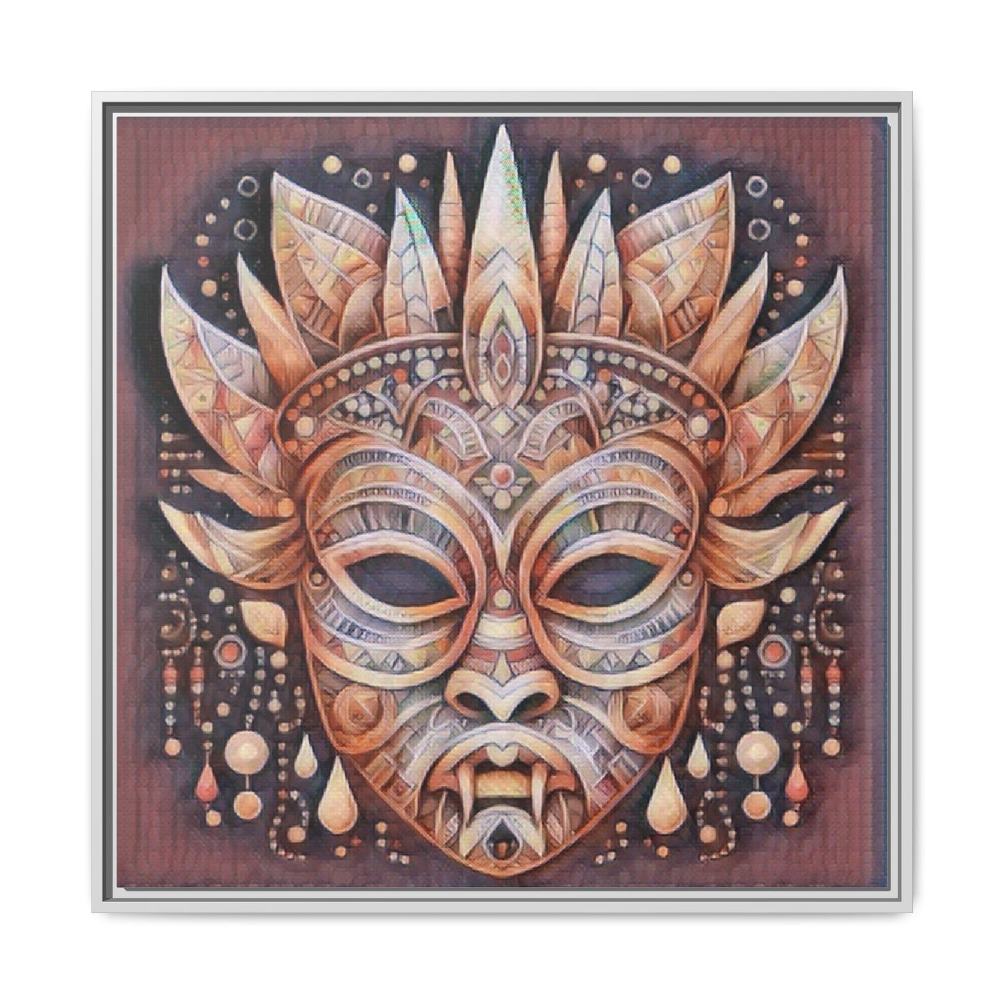 Tribal Sun Mask Framed Canvas Art — Boho Ethnic Wall Decor
