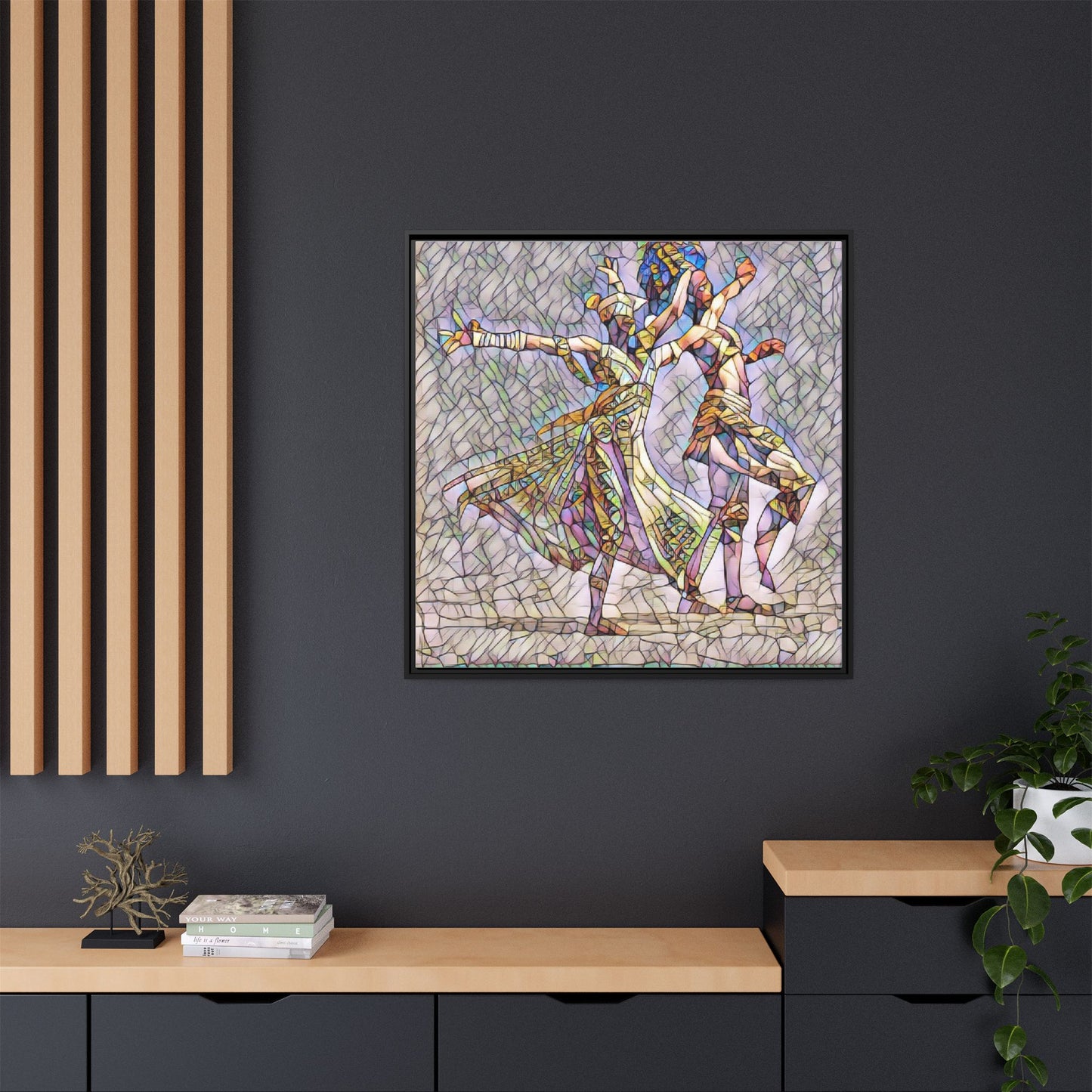 Framed Matte Canvas Wall Art — Abstract Dancers in Stained Glass Style
