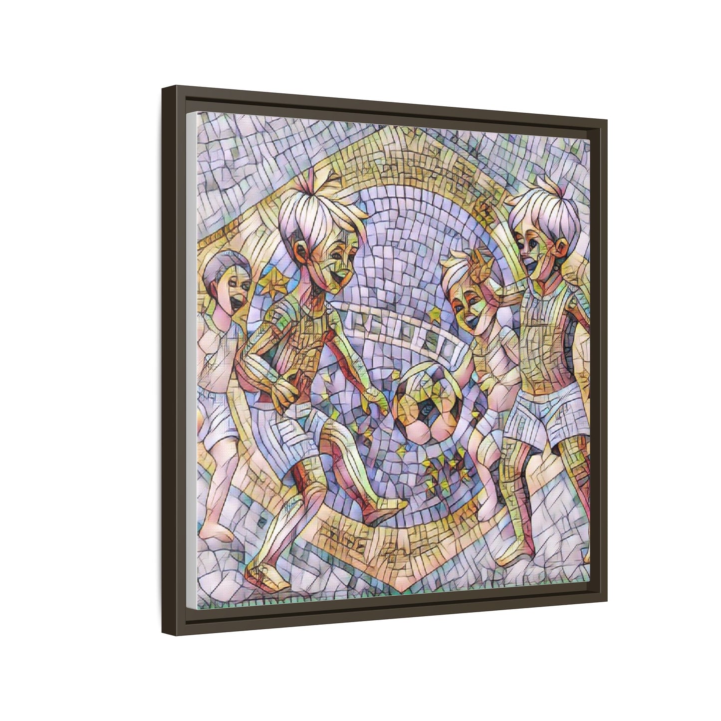 Framed Matte Canvas – Vintage Mosaic Kids Playing Soccer Art