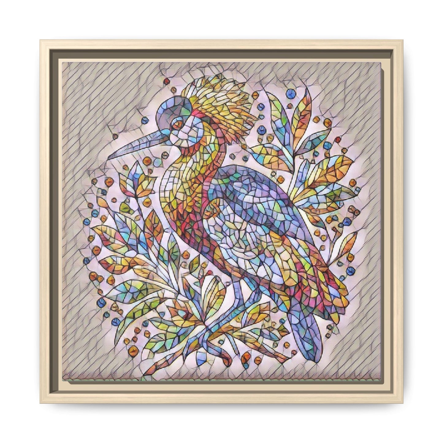 Colorful Stained-Glass Heron — Framed Matte Canvas Wall Art