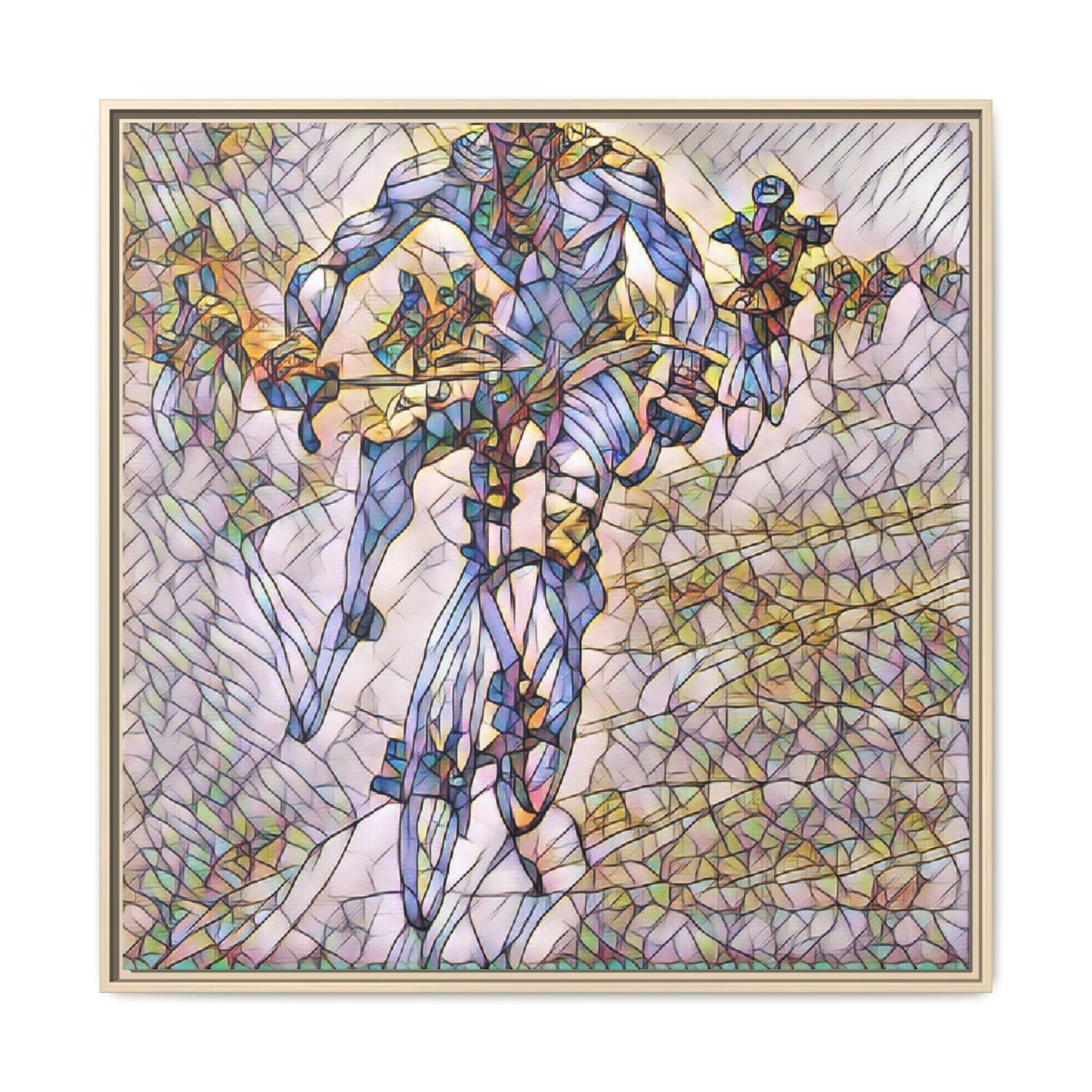 Abstract Cyclist Matte Canvas Framed Art — Colorful Stained-Glass Bike Print