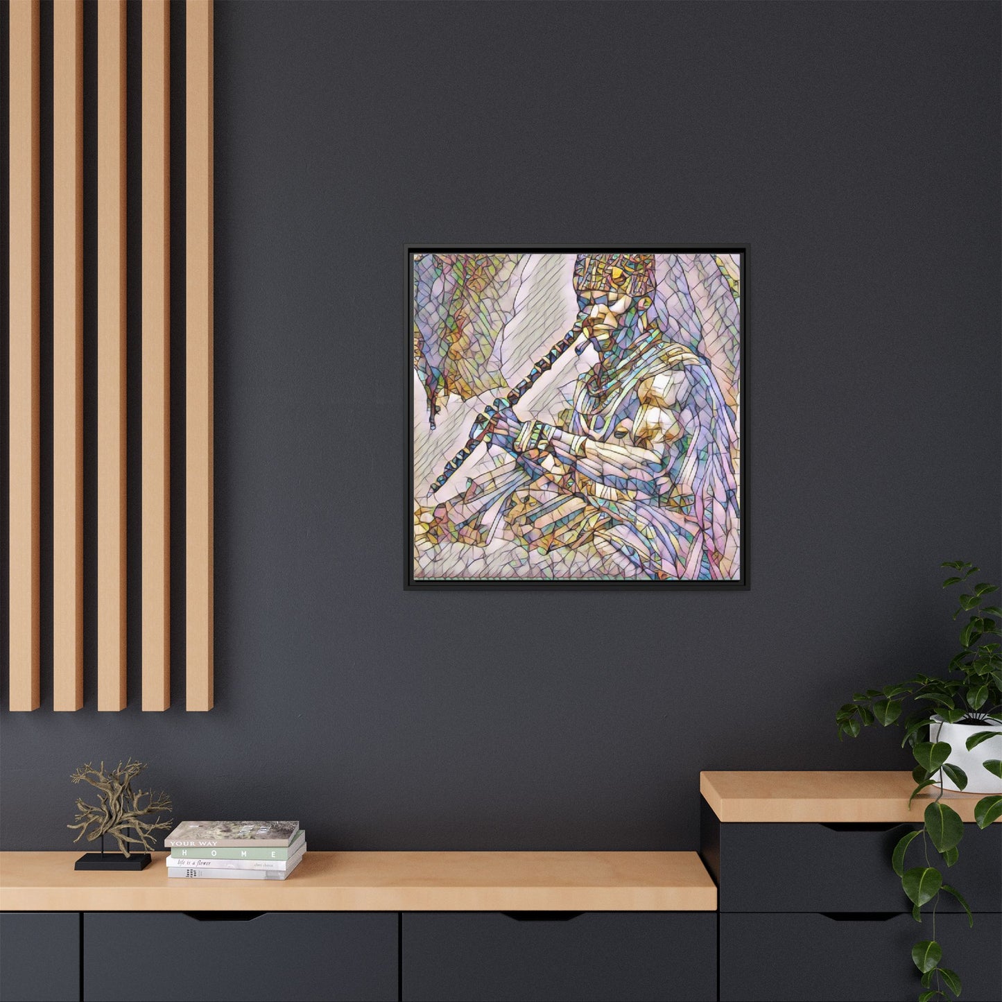 Tribal Flute Musician Stained-Glass Framed Canvas Art