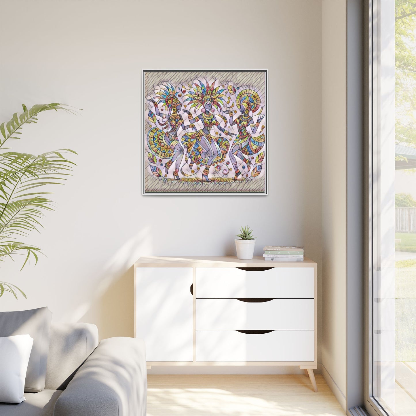 Colorful Carnival Dancers Framed Canvas Art — Multicolor Tribal Celebration Print