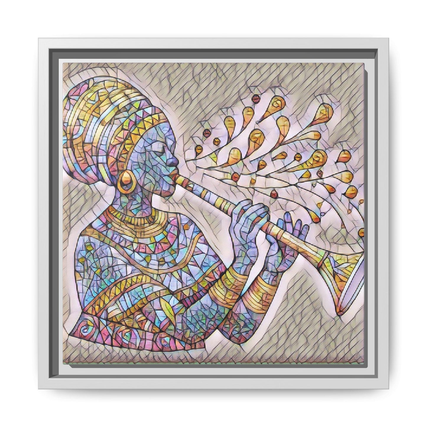 Framed Matte Canvas Art – Colorful African Musician Trumpet Print
