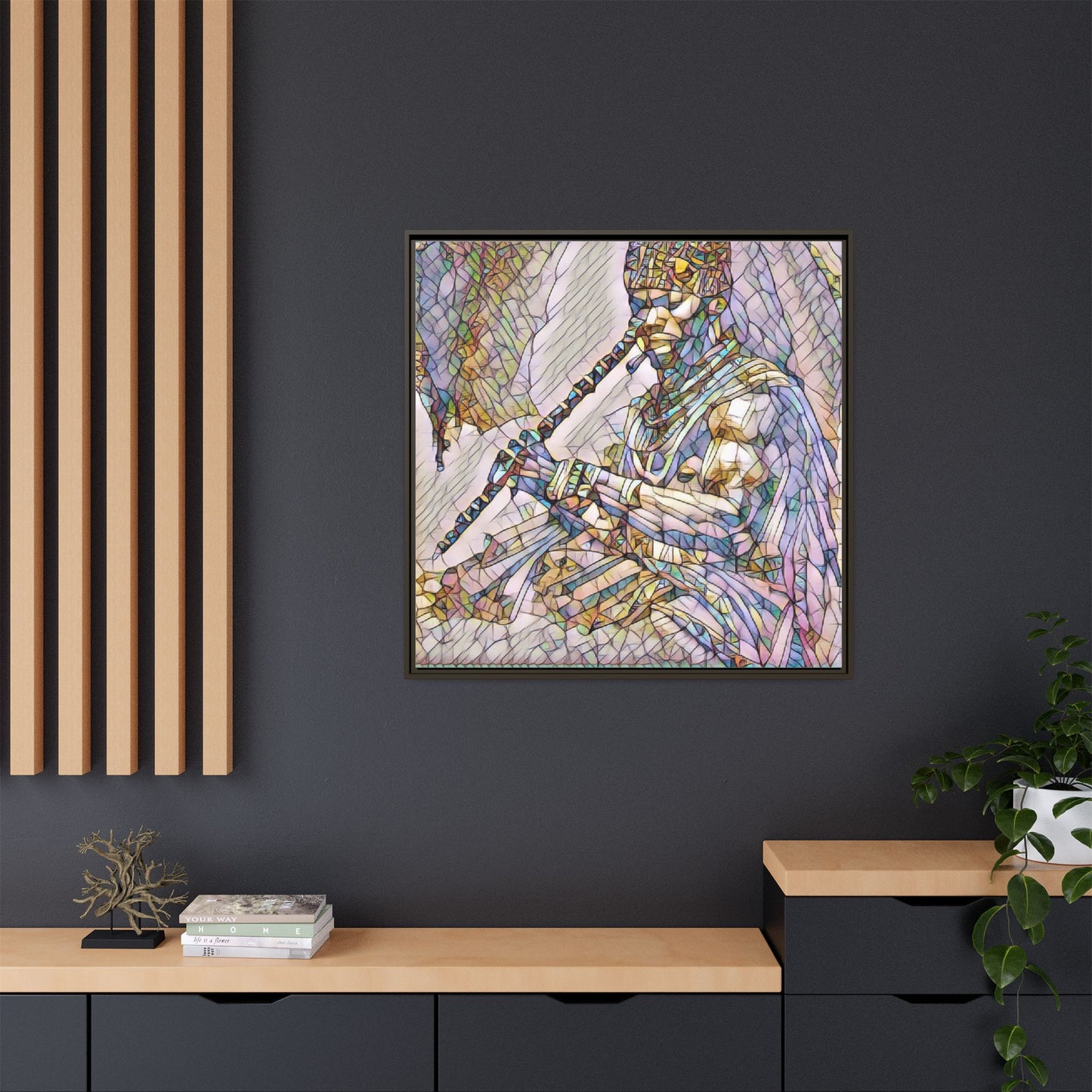Tribal Flute Musician Stained-Glass Framed Canvas Art