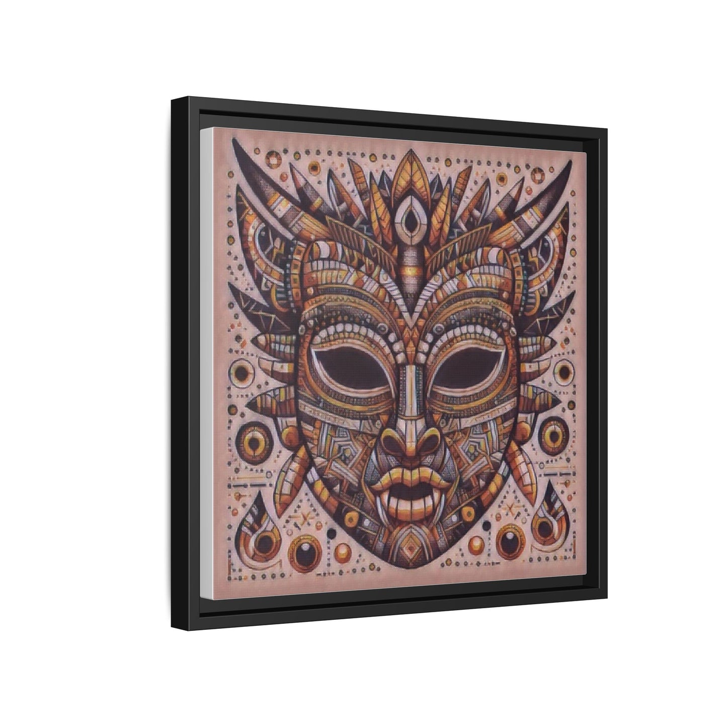 Tribal Mask Framed Canvas Art — Multicolor Matte Wall Decor