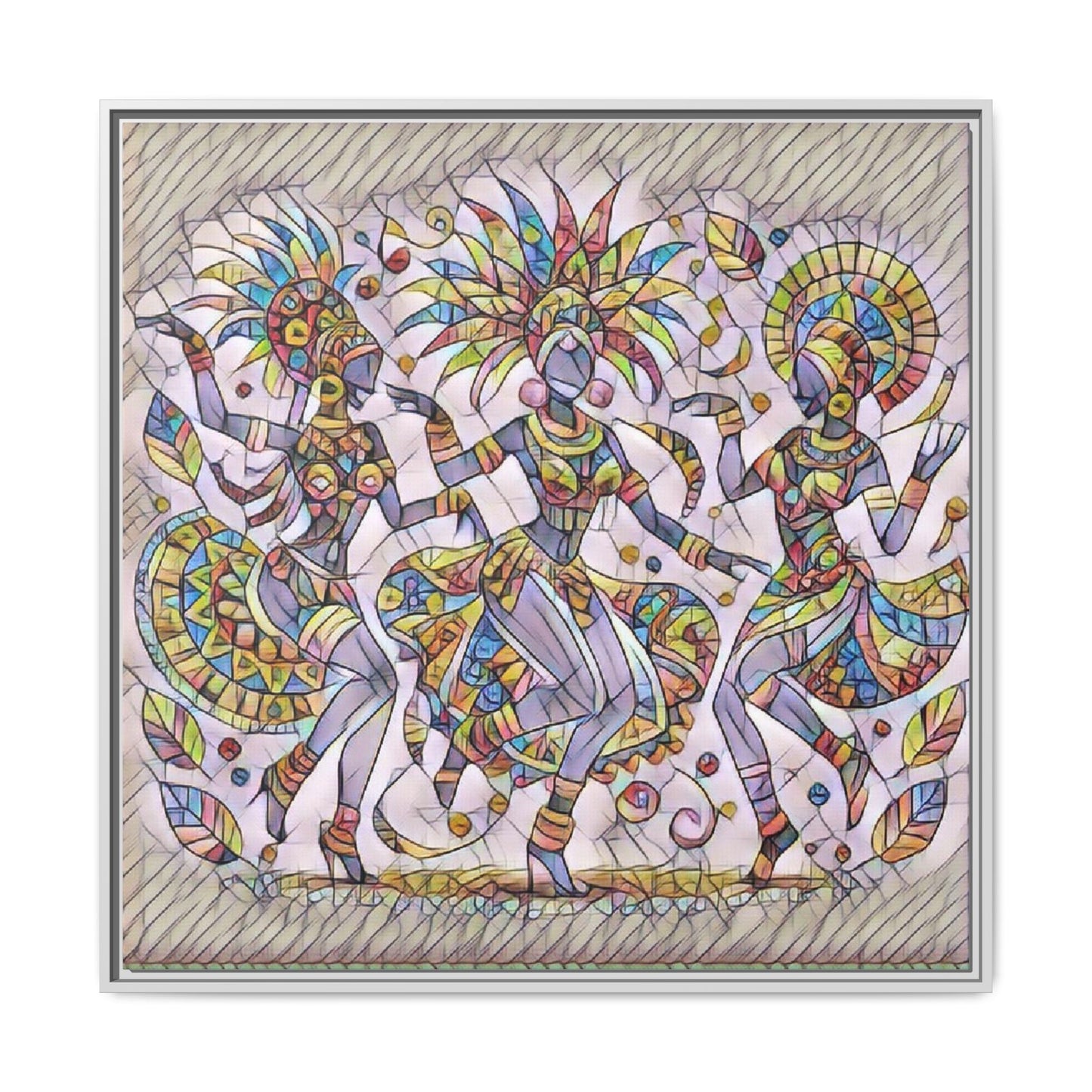 Colorful Carnival Dancers Framed Canvas Art — Multicolor Tribal Celebration Print