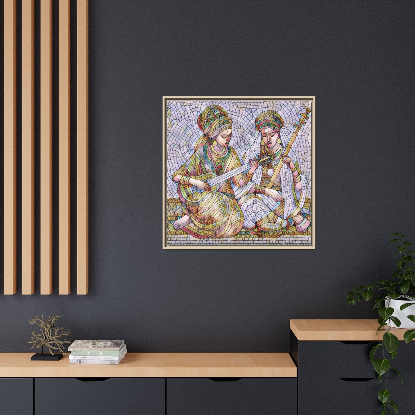 Framed Mosaic Art Print — Two Women Playing Lutes (Matte Canvas)