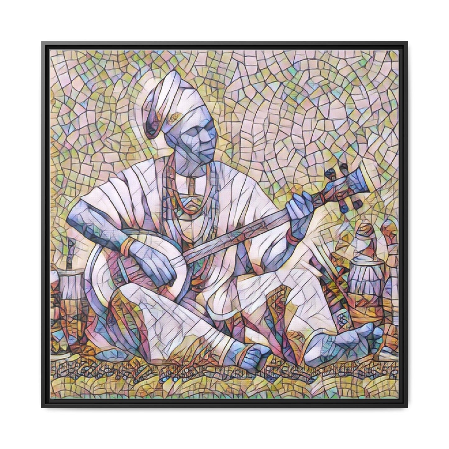 Framed Mosaic Musician Canvas Art — African Griot with Kora