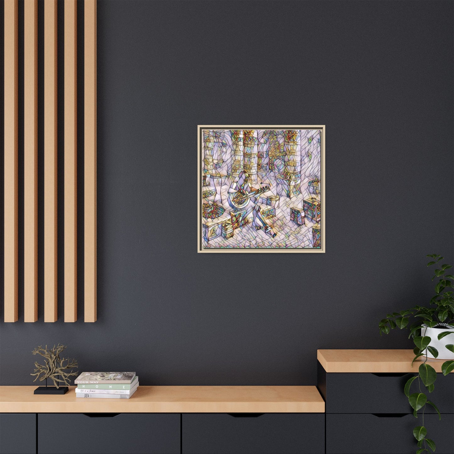 Framed Matte Canvas Art - Abstract Guitarist in Colorful Mosaic