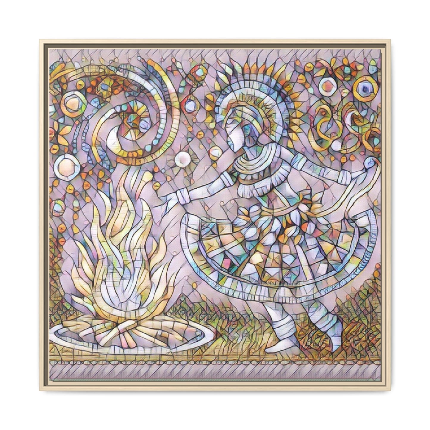 Bohemian Fire Dancer Framed Canvas Art — Colorful Folk Mosaic Wall Decor