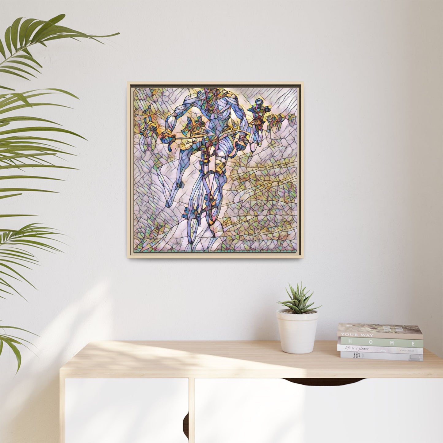 Abstract Cyclist Matte Canvas Framed Art — Colorful Stained-Glass Bike Print