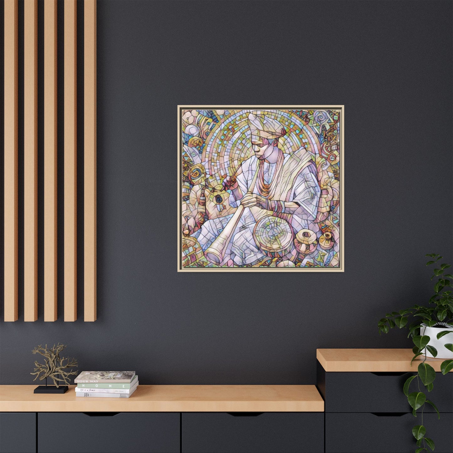 Framed Matte Canvas Print — African Drummer Mosaic Art