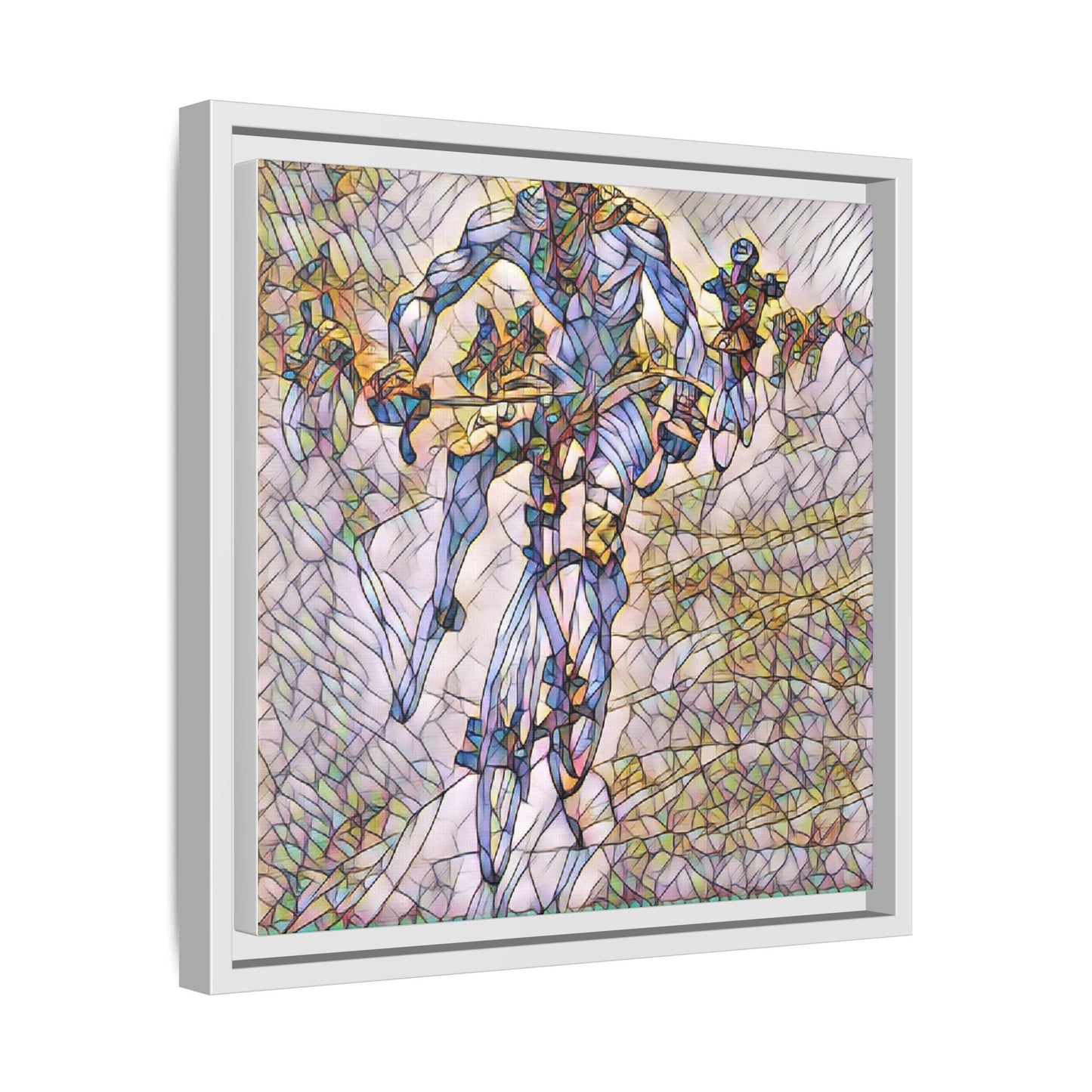 Abstract Cyclist Matte Canvas Framed Art — Colorful Stained-Glass Bike Print