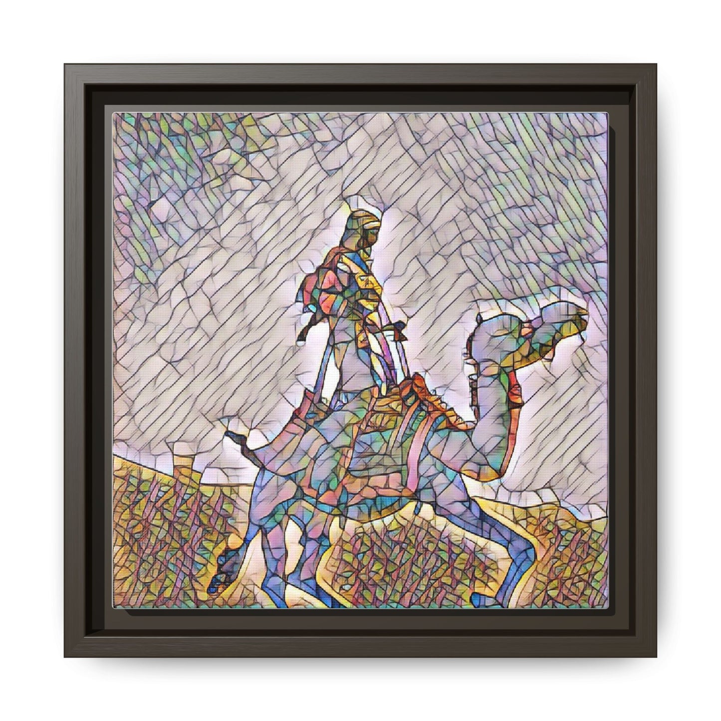 Framed Camel Rider Matte Canvas Art — Colorful Mosaic Desert Wall Decor