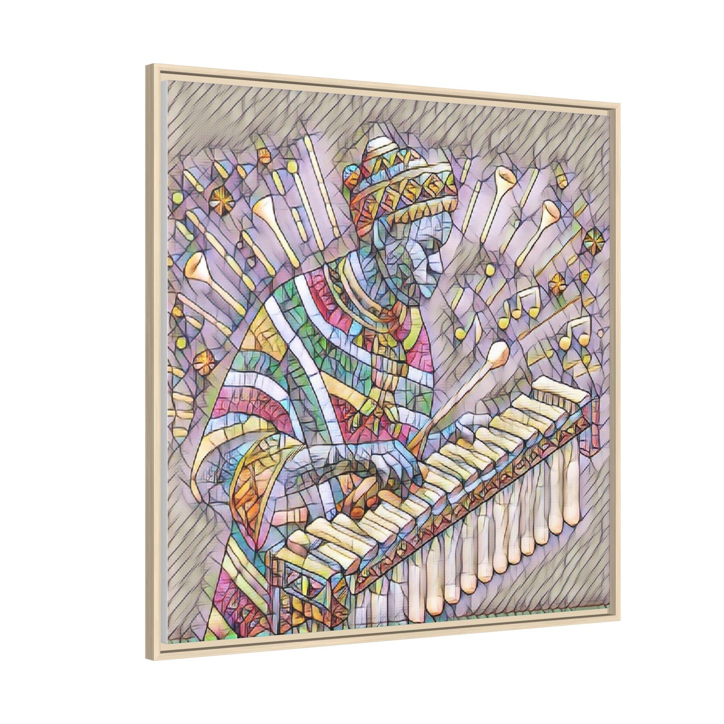 Colorful Marimba Musician Matte Framed Canvas — Vibrant African Instrument Wall Art