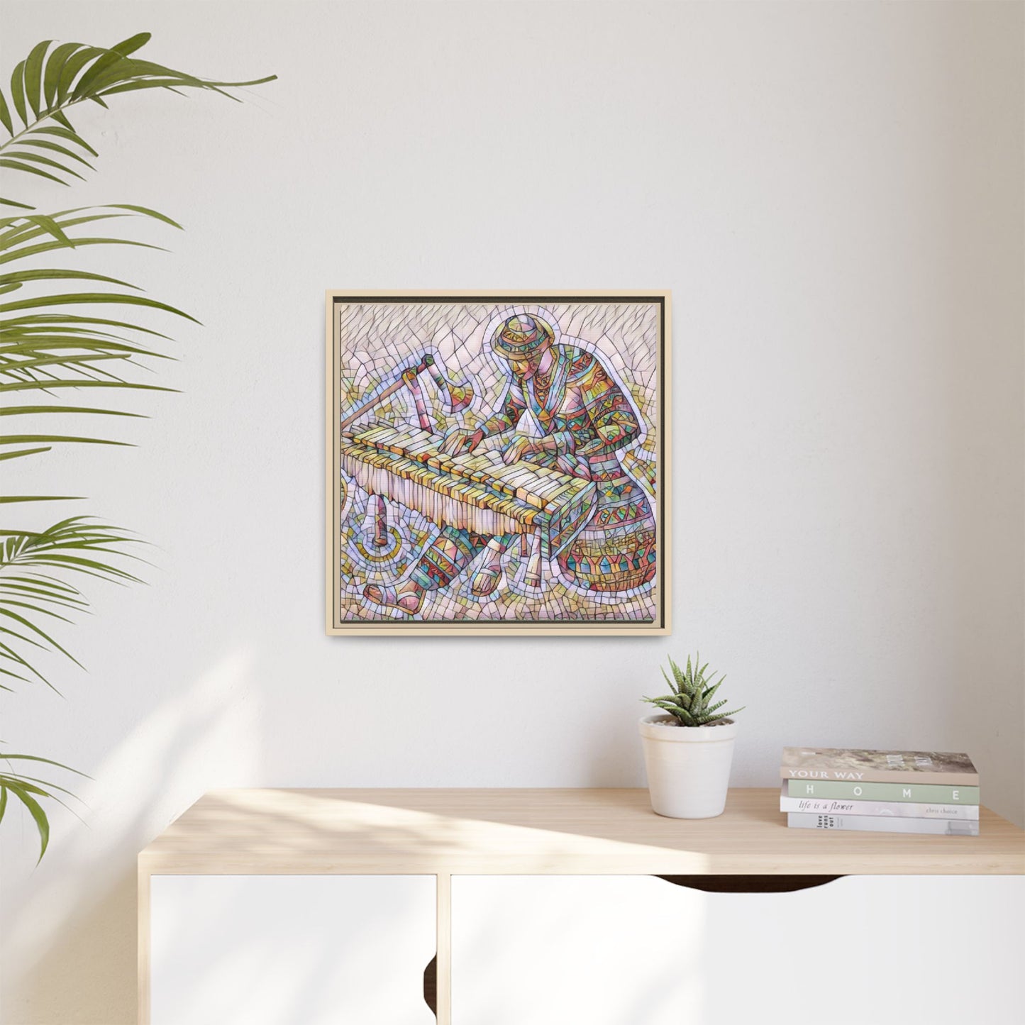 Framed Canvas Art - Colorful Mosaic Vibraphone Musician Print