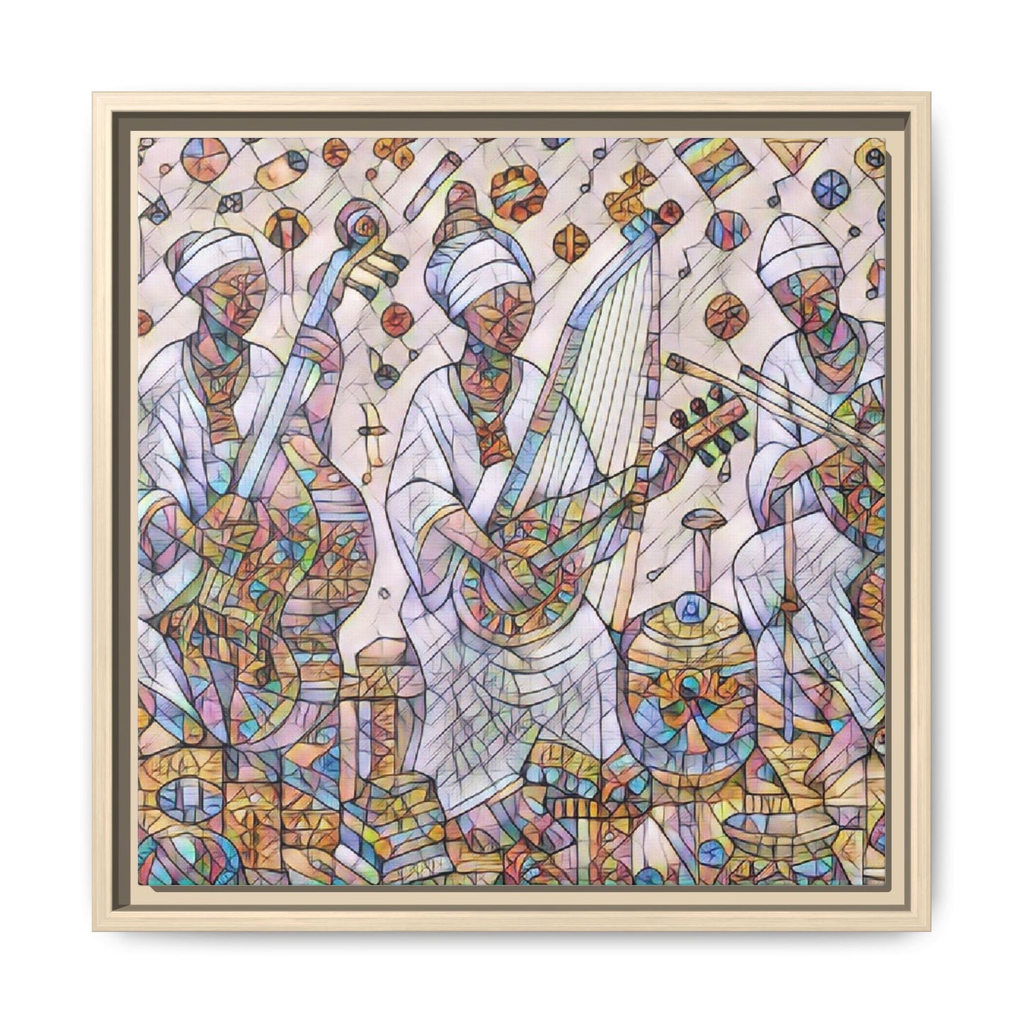 Framed Matte Canvas Print — Colorful African Musicians Stained-Glass Art