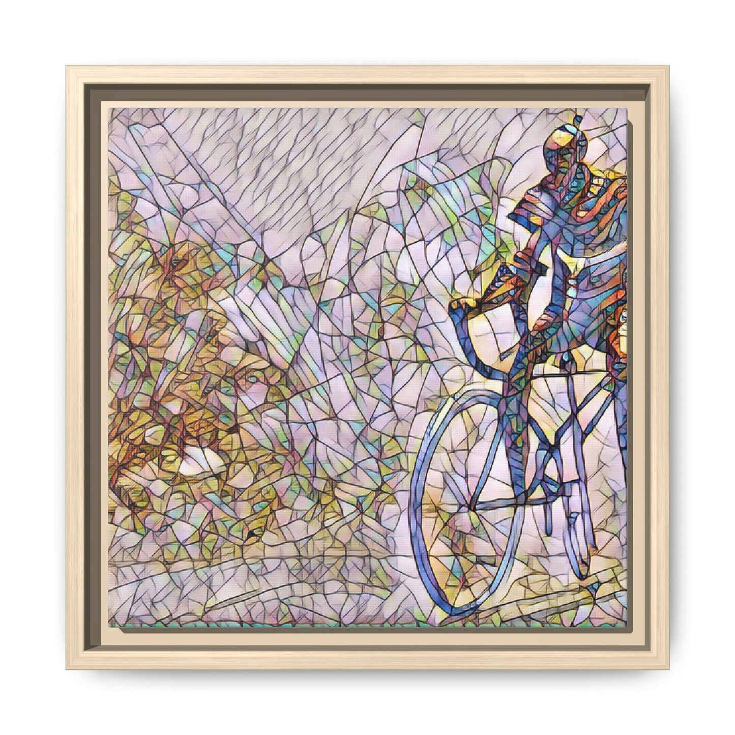 Colorful Cyclist Stained-Glass Art — Framed Matte Canvas